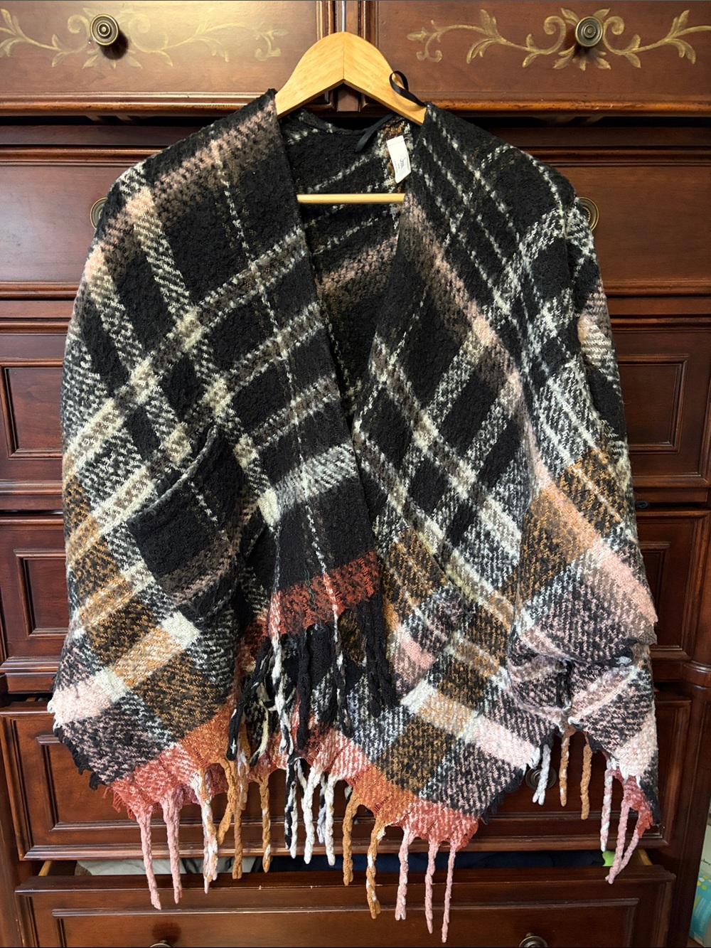 Jenni Black, Cream & Rust Textured Plaid Knit Wrap poncho one size